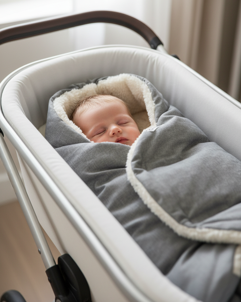 sleeping baby in a grey wrap called the nido inside a bassinet